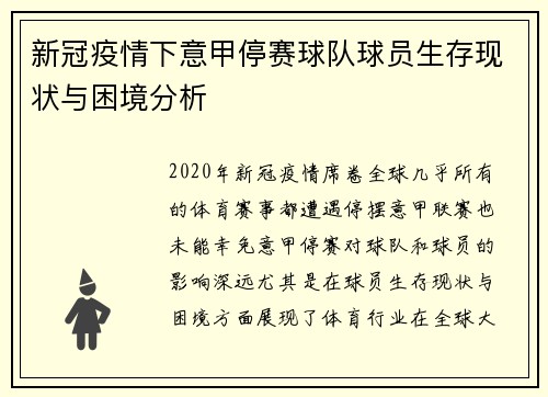 新冠疫情下意甲停赛球队球员生存现状与困境分析