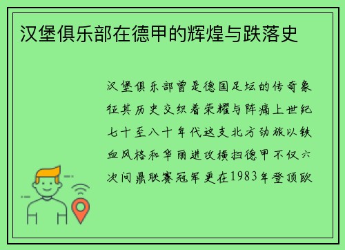 汉堡俱乐部在德甲的辉煌与跌落史